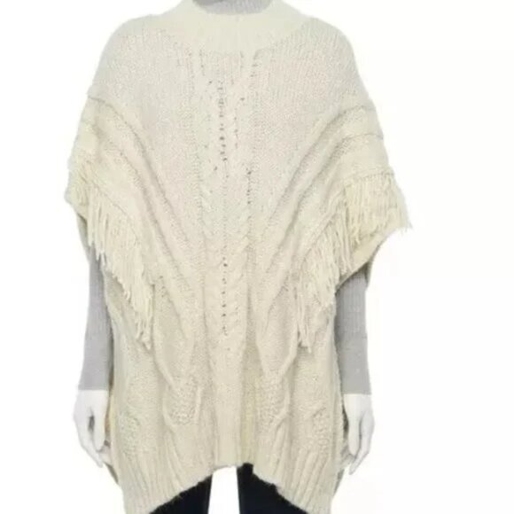 Women's Apt. 9 Honor Roll Knit Cable Fringe Poncho Sweater Ivory Off White $68 - Picture 1 of 4
